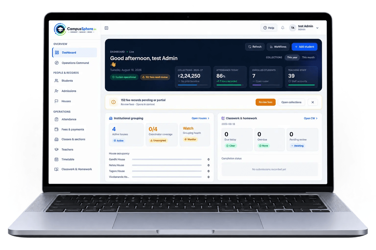 CampusSphere school management platform displayed on a laptop