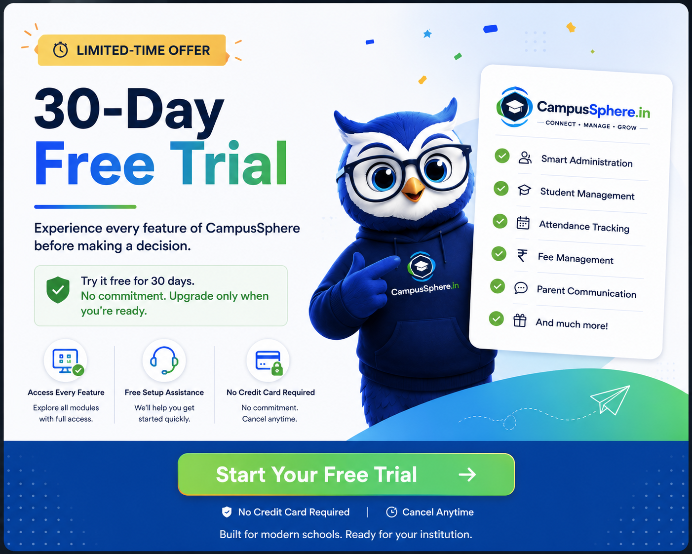CampusSphere 30-day free trial offer with full feature access, setup assistance, and no credit card required.